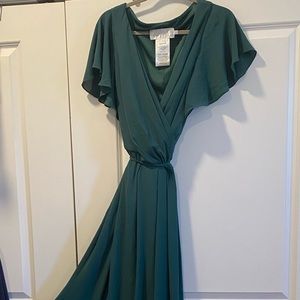 Never worn. Flutter Sleeve Georgette Wrap Bridesmaid Dress in Juniper.